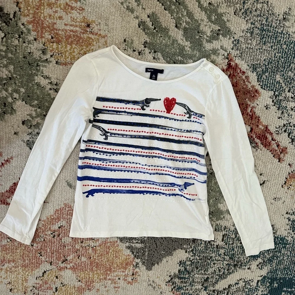 Gap Girls Long Sleeve Cotton Shirt Dachshund Dogs Heart Sequins Paris Type Artsy